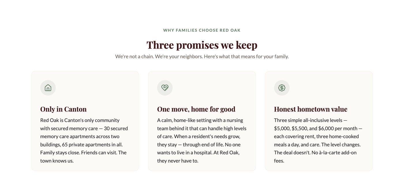 Red Oak website care sections for reviewing the care story
