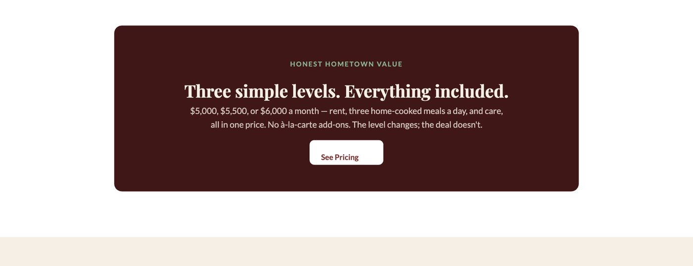 Red Oak website rate-page design for discussing costs
