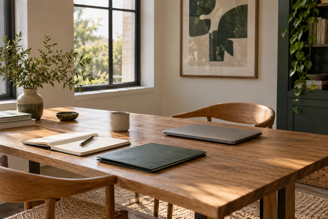 A quiet worktable prepared for a marketing and CRM planning conversation