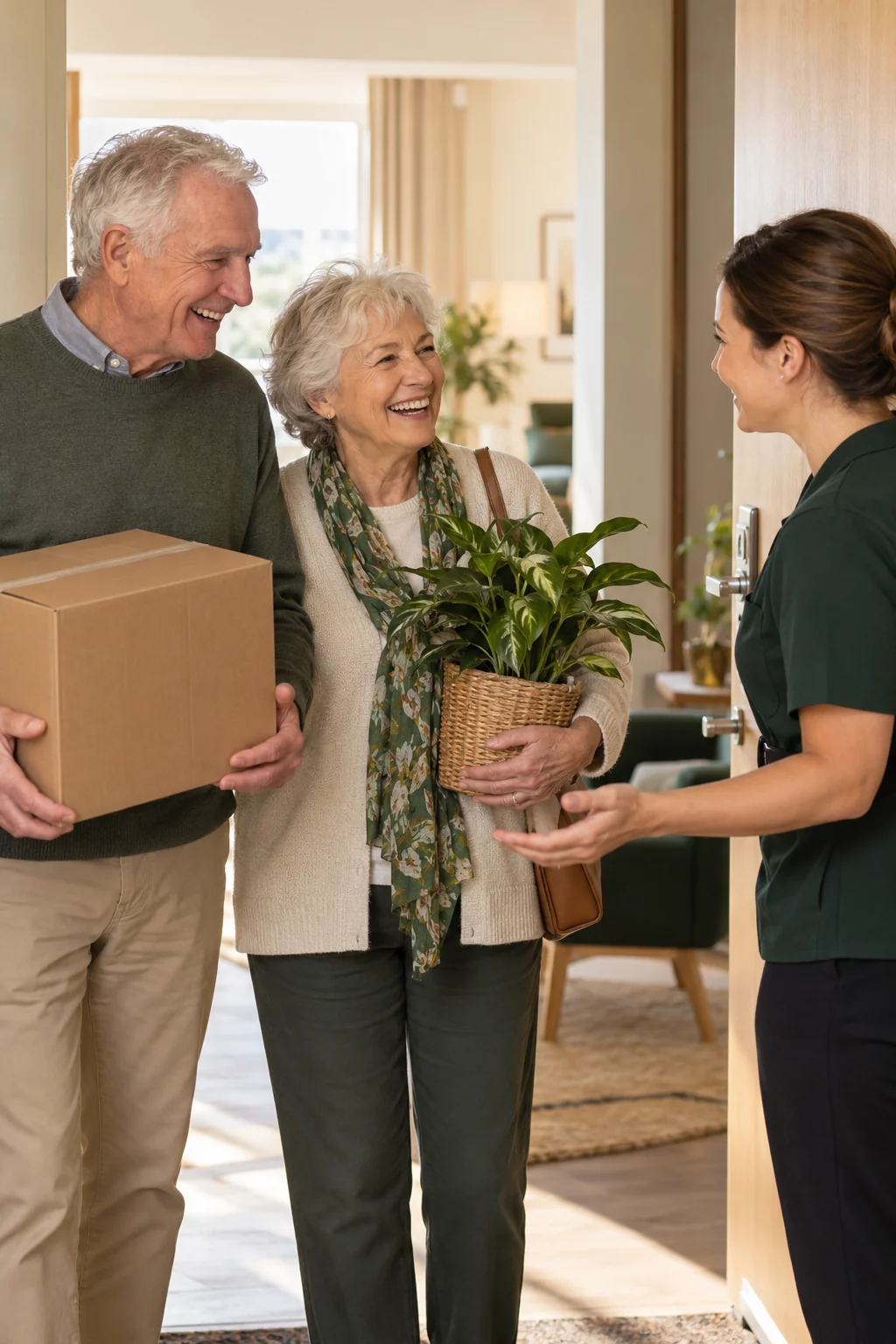 An older couple arriving with a box and plant at their new apartment