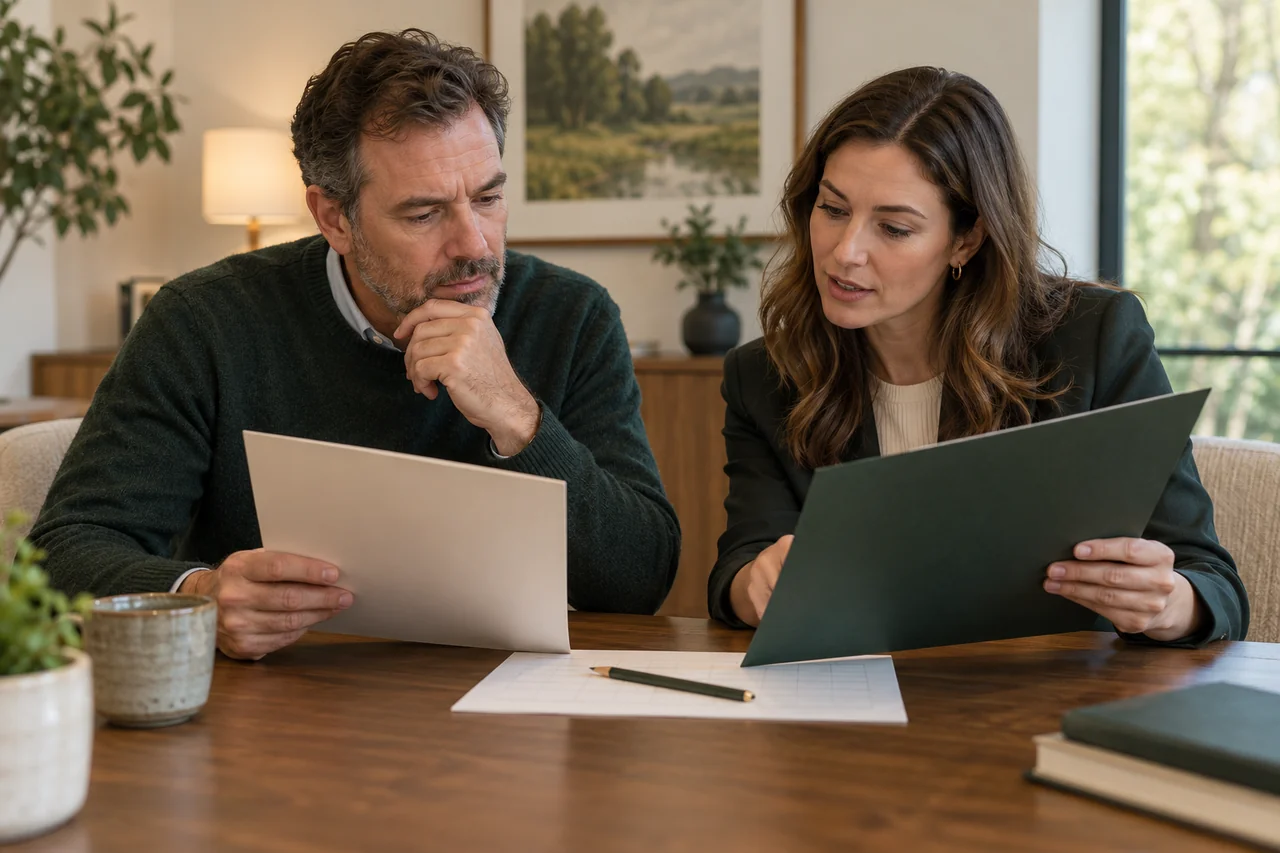 An owner and marketing lead comparing agency proposal folders