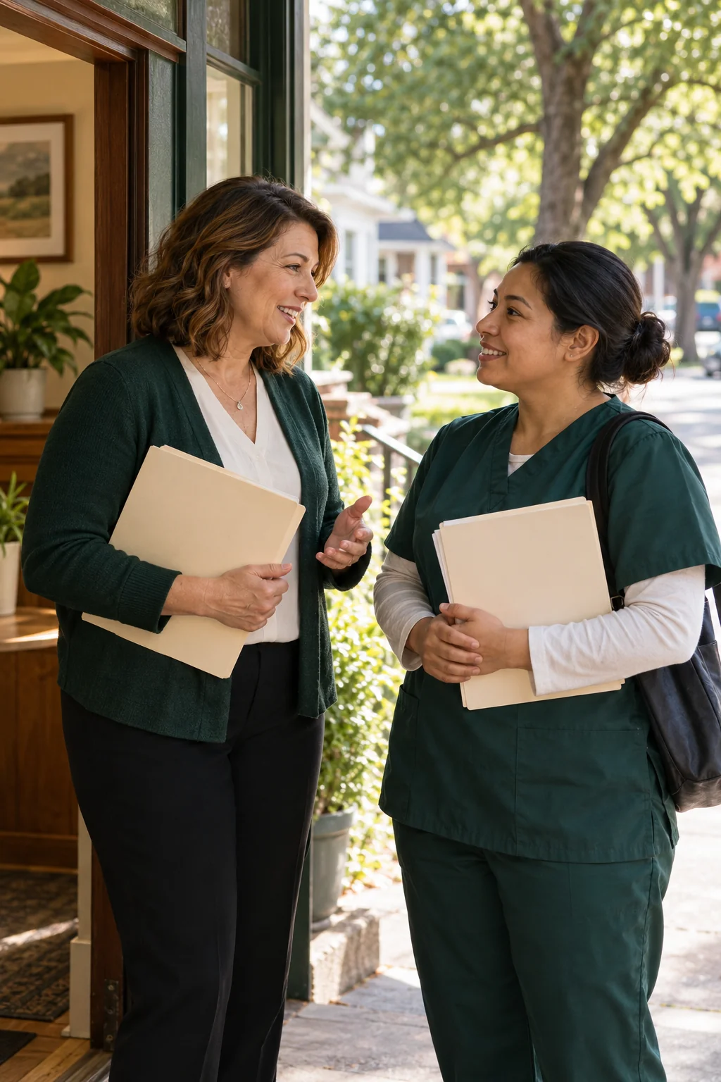 A home care coordinator and caregiver discussing their service area