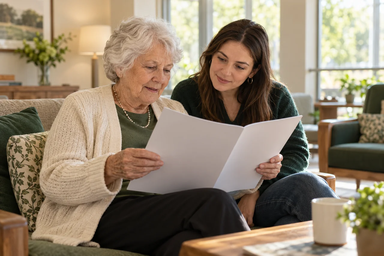 An older woman reading a clearly laid-out brochure in a lounge