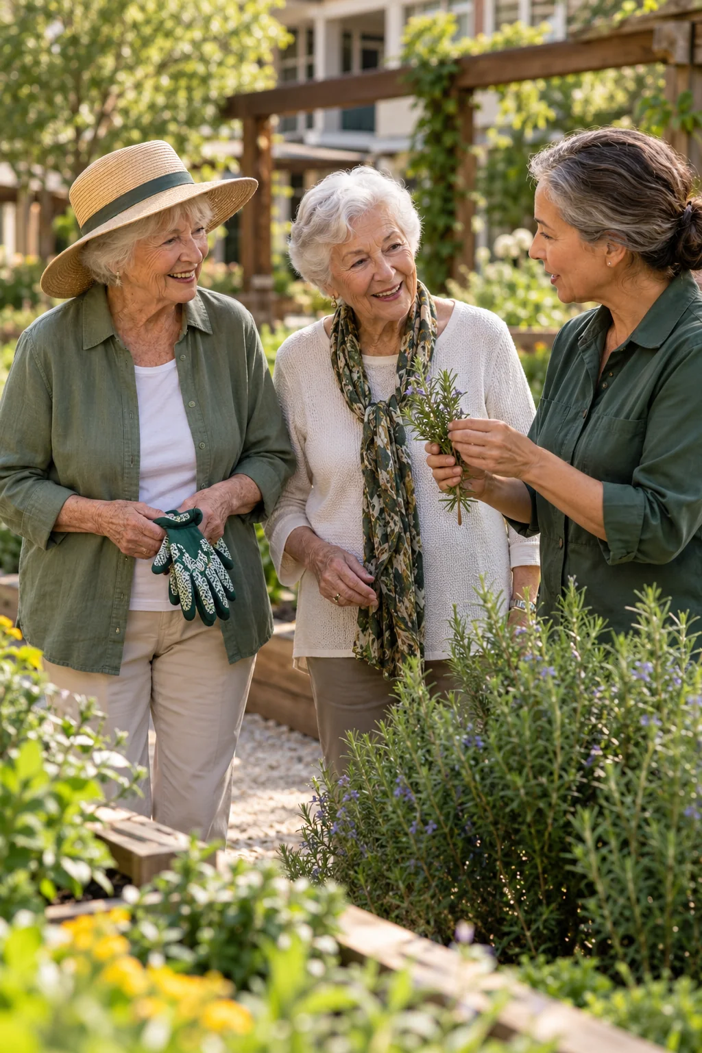Older friends exploring a community herb garden during a visit