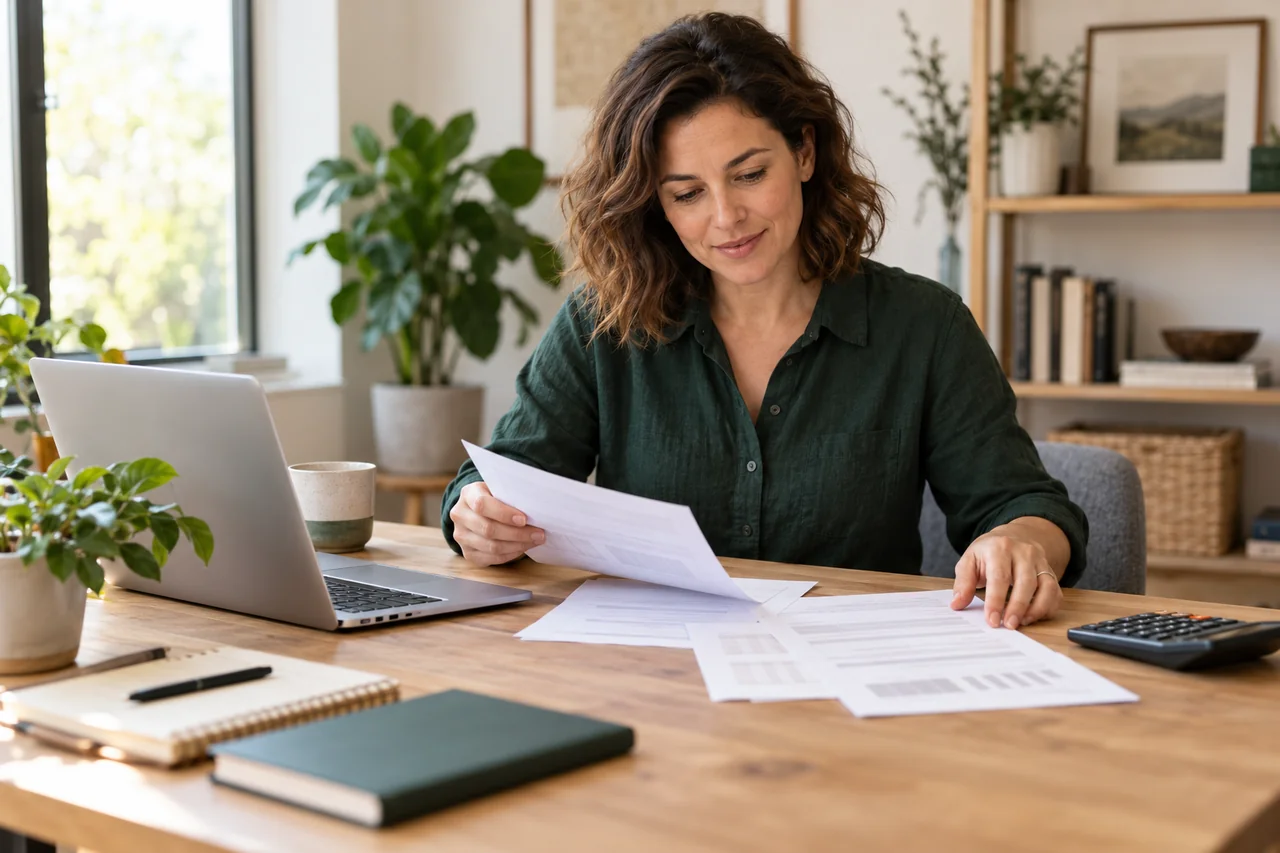 A marketing manager reviewing research notes and a calculator