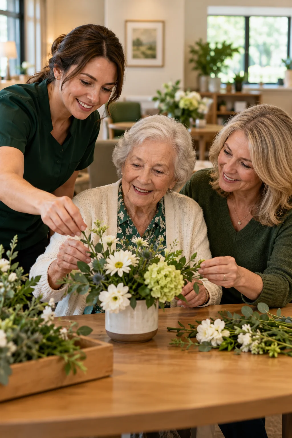 A resident and her daughter arranging flowers with a community host