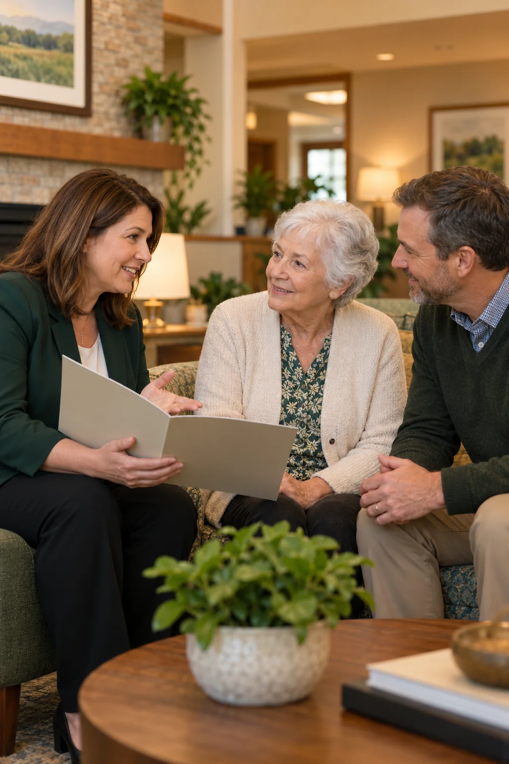 A family discussing a nursing home information folder with admissions staff