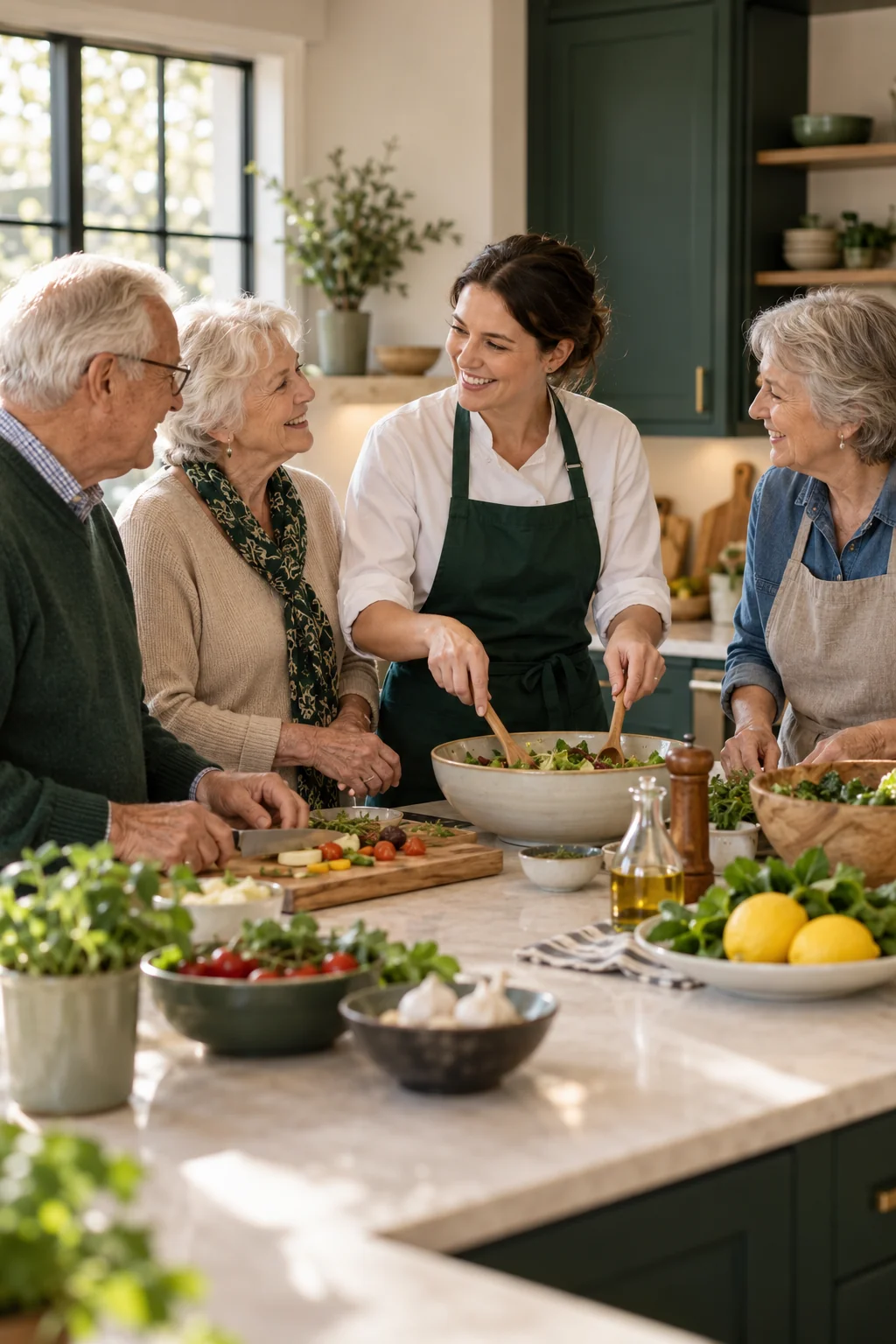 Older visitors joining a small cooking demonstration at a community