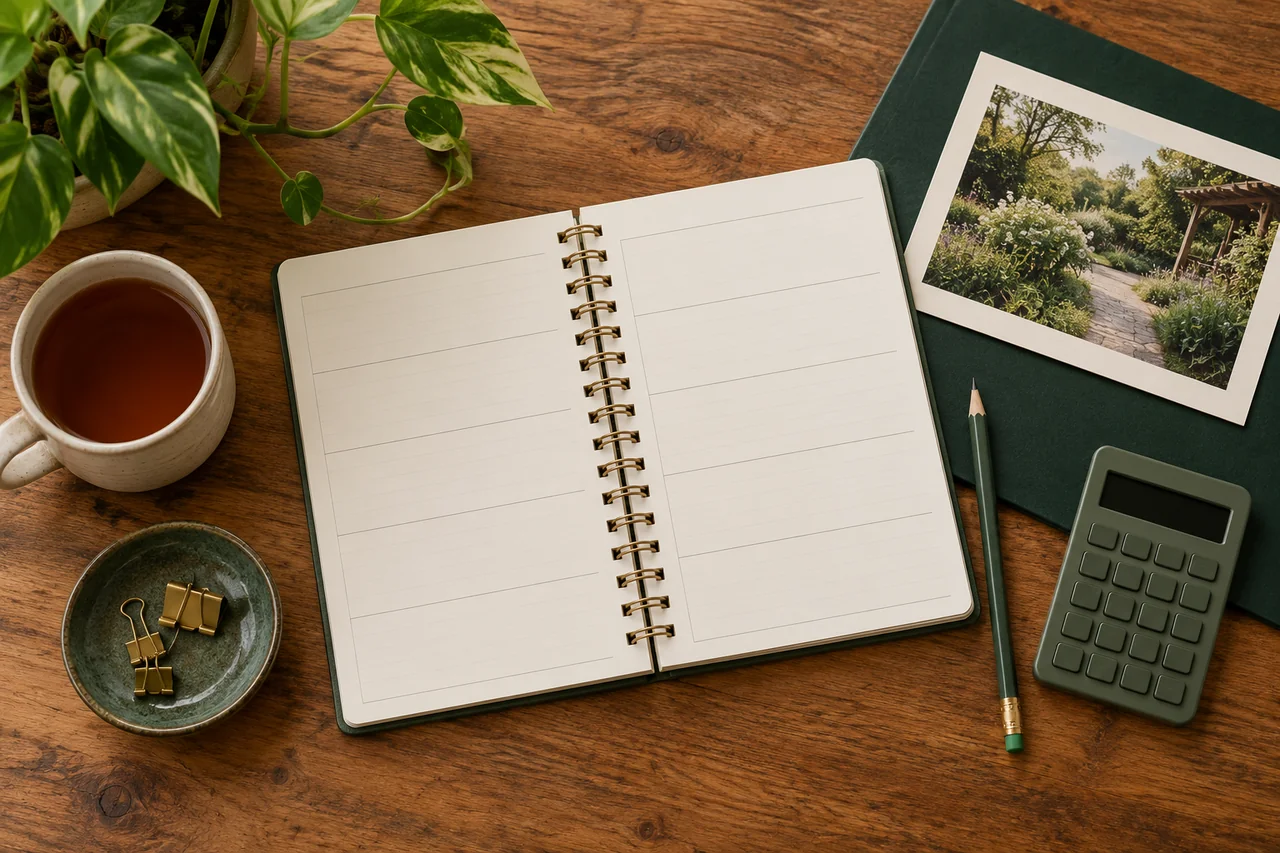 A planner, calculator and community photo arranged for a marketing plan