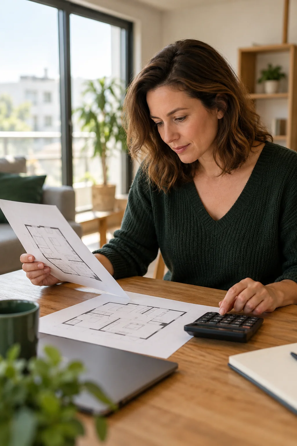 A manager reviewing an apartment floor plan with a calculator