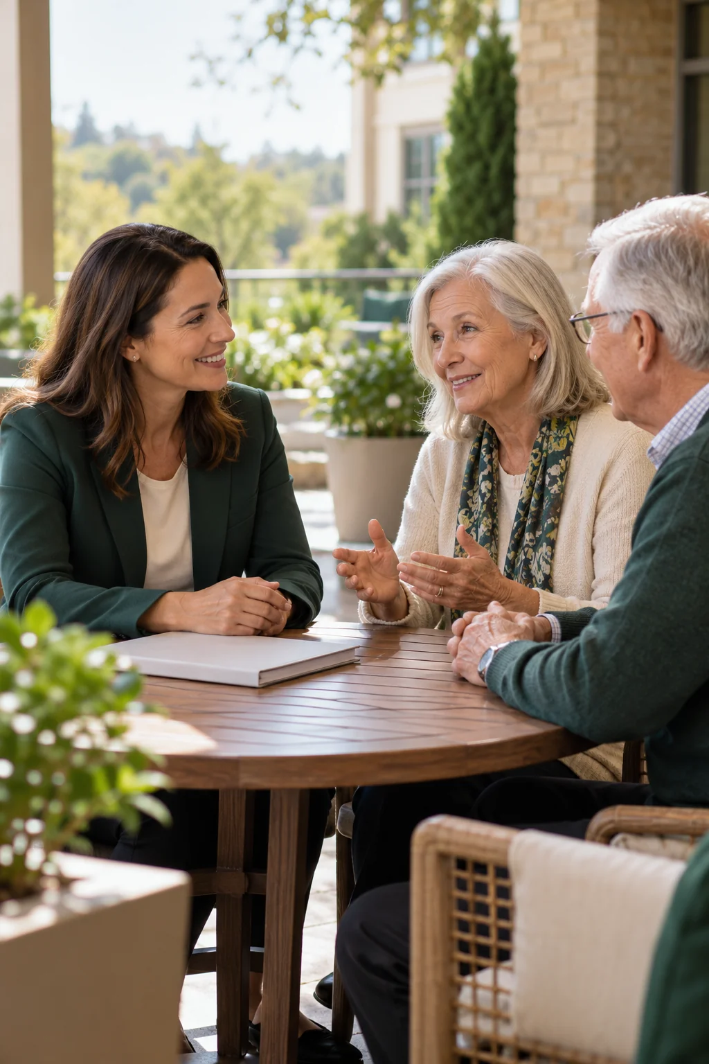 A host listening to an older couple after a community tour