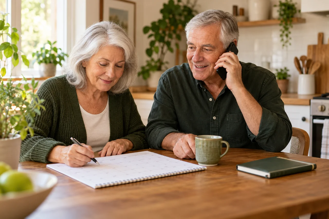 An older couple discussing future plans by phone at home