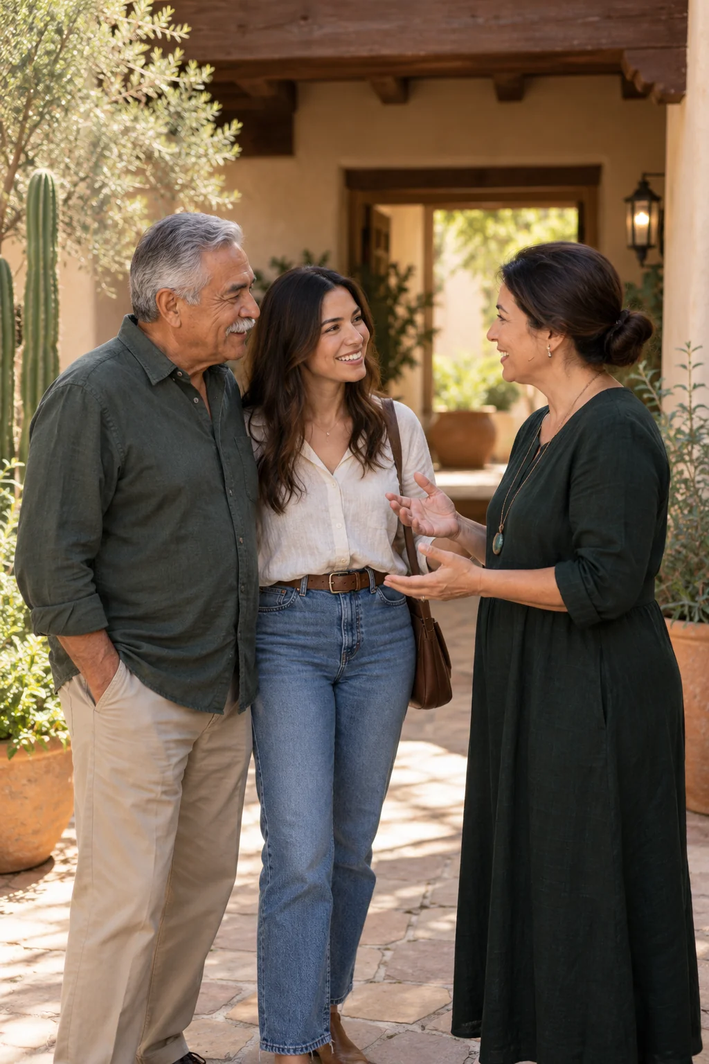 A man and his niece meeting a host at a shaded courtyard entry