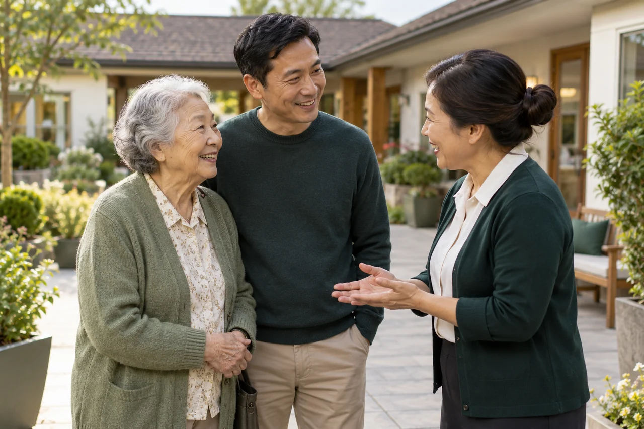 A family visiting a small residential care courtyard