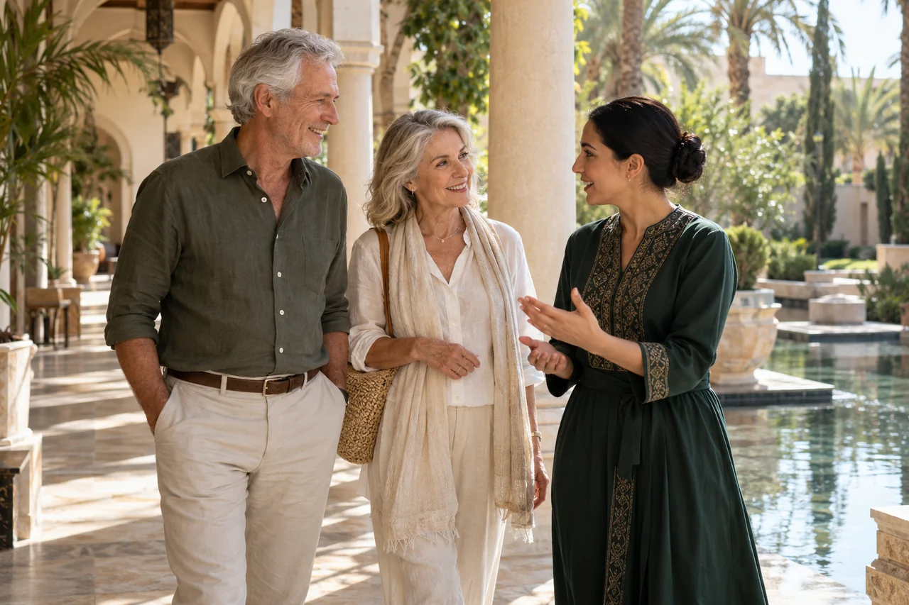 A couple meeting a host along a shaded community walkway