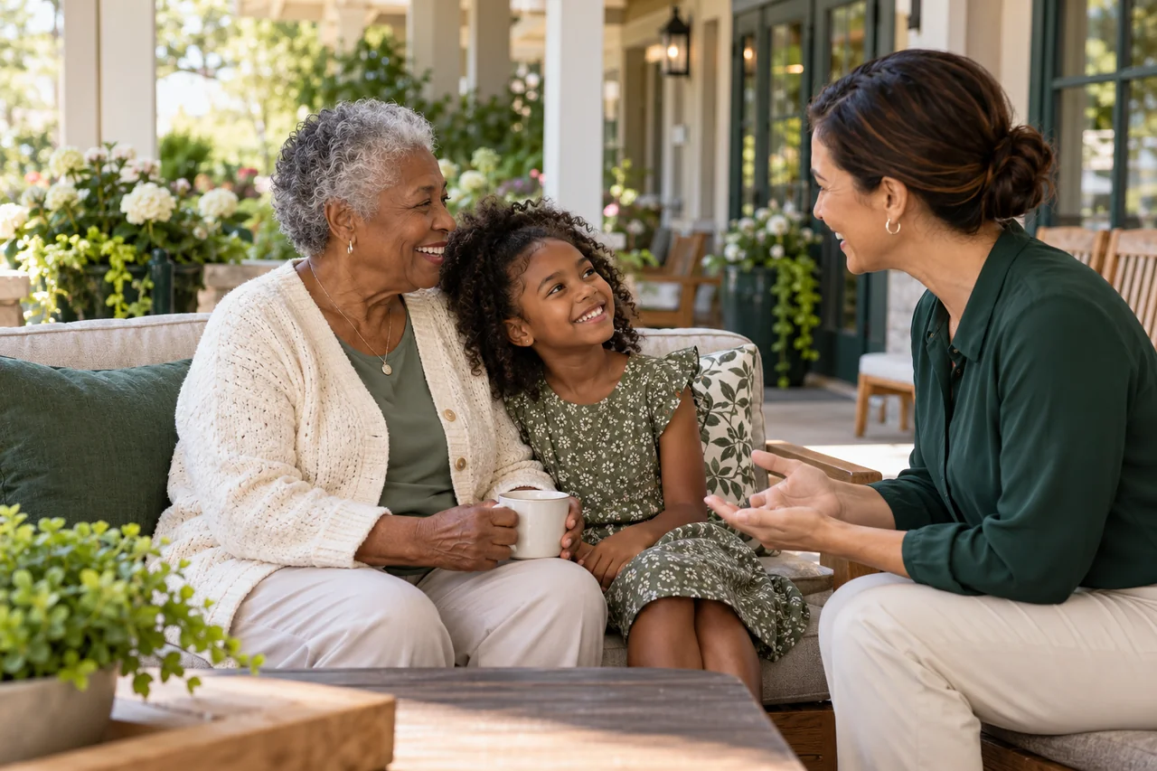 A grandmother and granddaughter meeting a host on a shaded veranda
