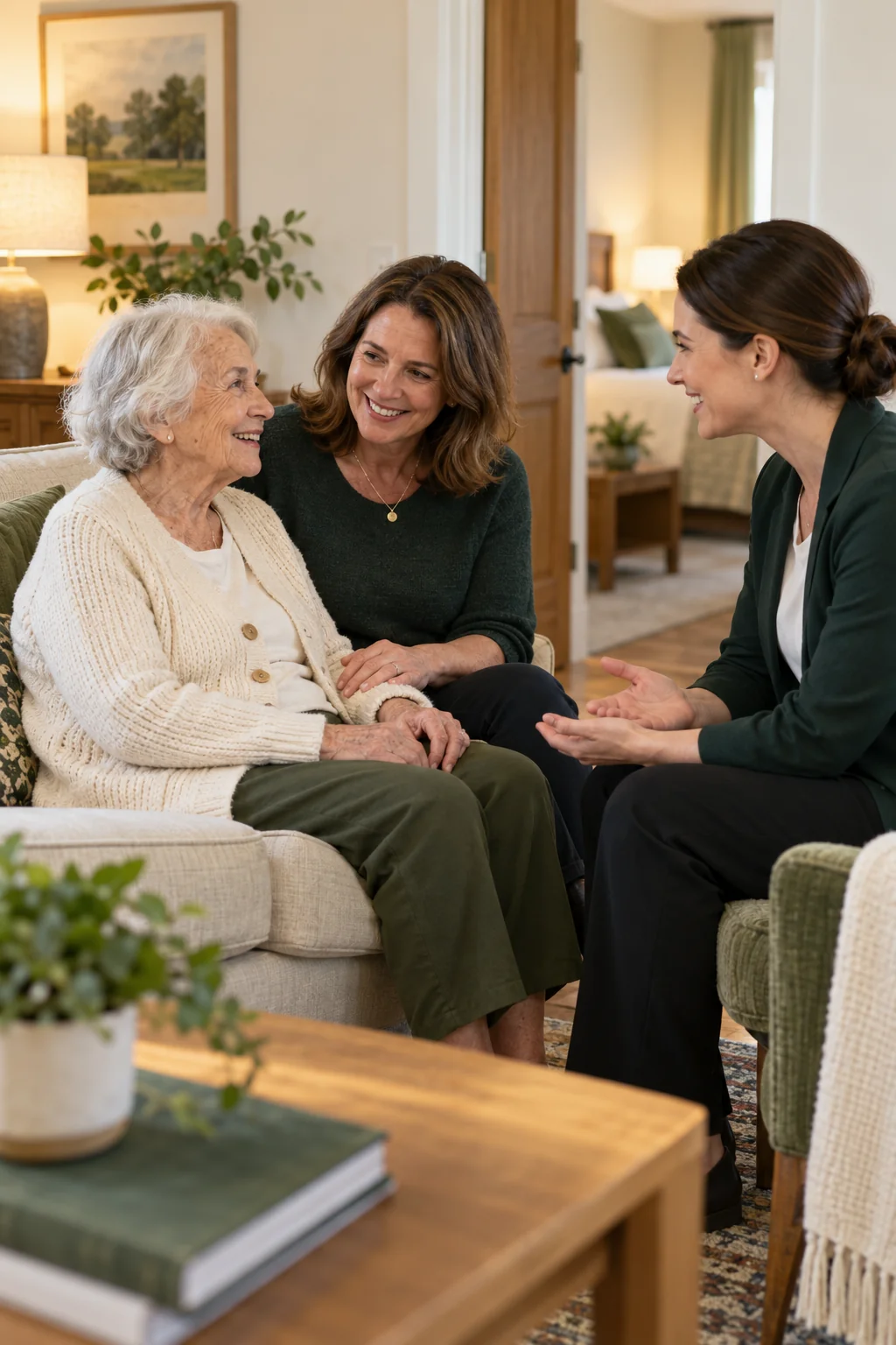 A resident and daughter discussing a shared residential setting with a host