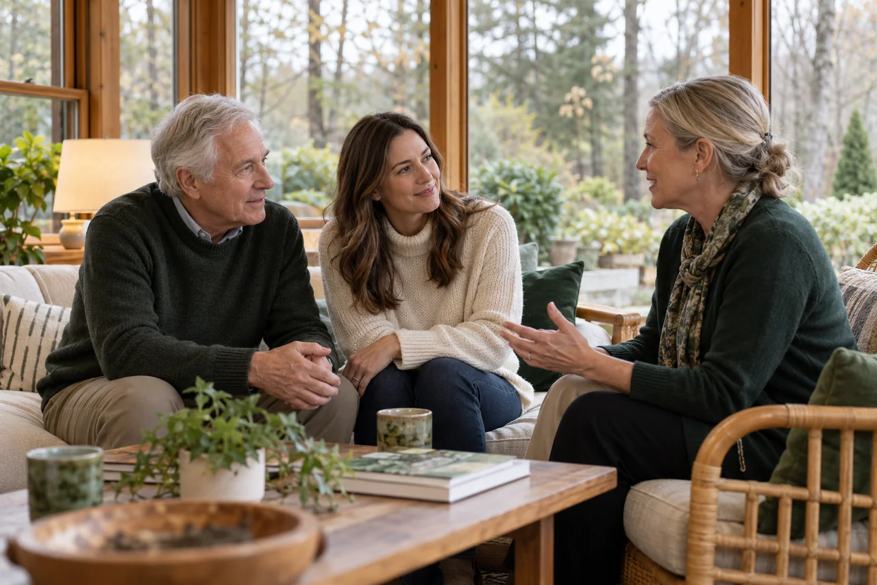 A father and daughter discussing a community visit in a wooded garden sunroom