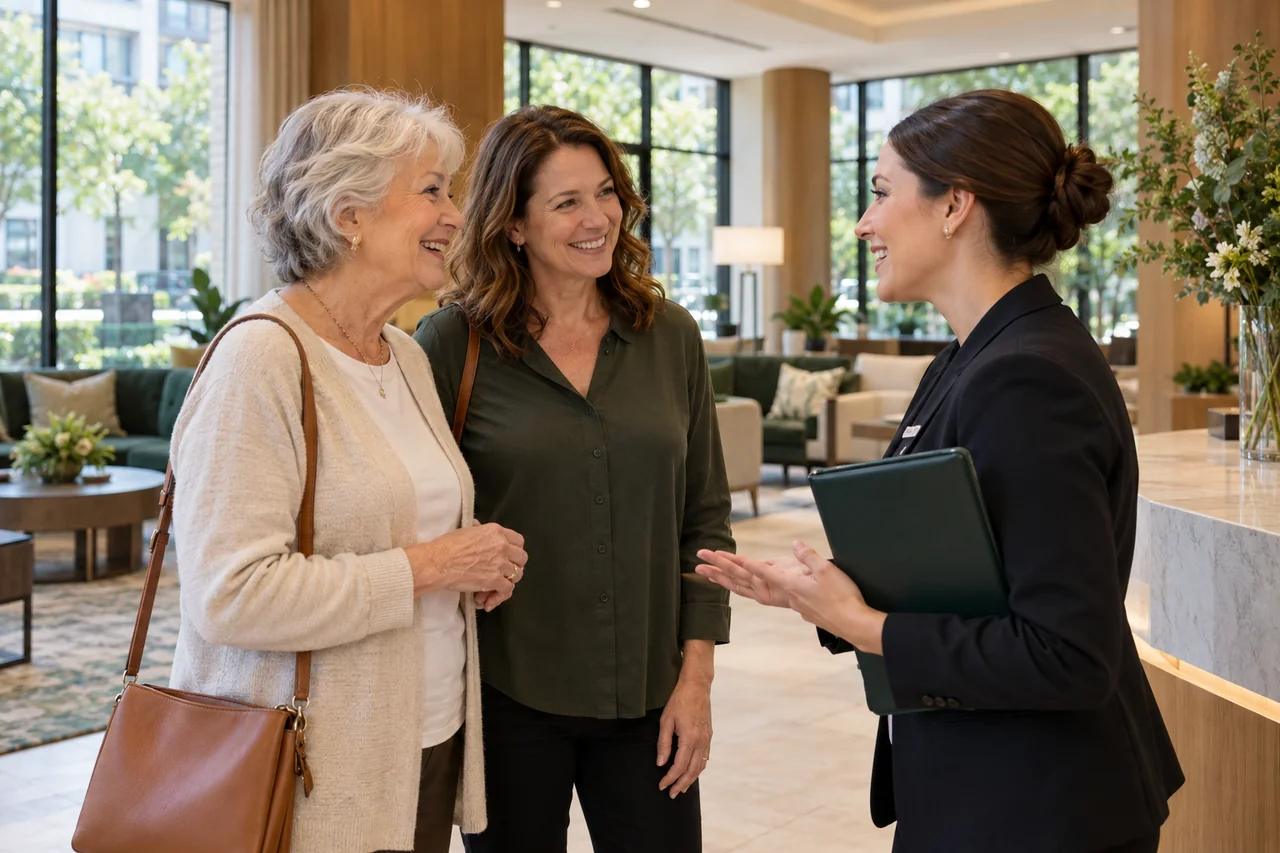 A mother and daughter meeting a host in an apartment-style lobby
