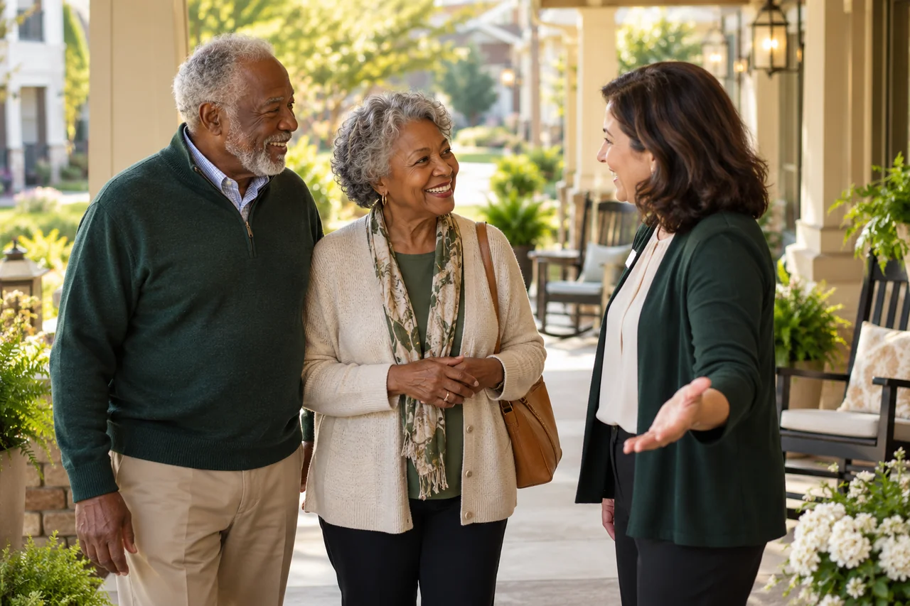 An older couple being welcomed on a residential community porch