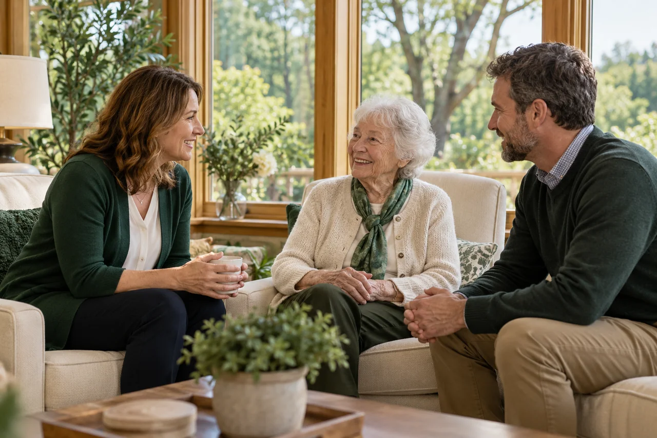 A resident and family visitor talking with a host in a sunroom