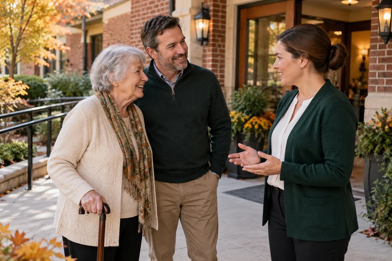 A mother and son discussing a visit at a brick community entrance