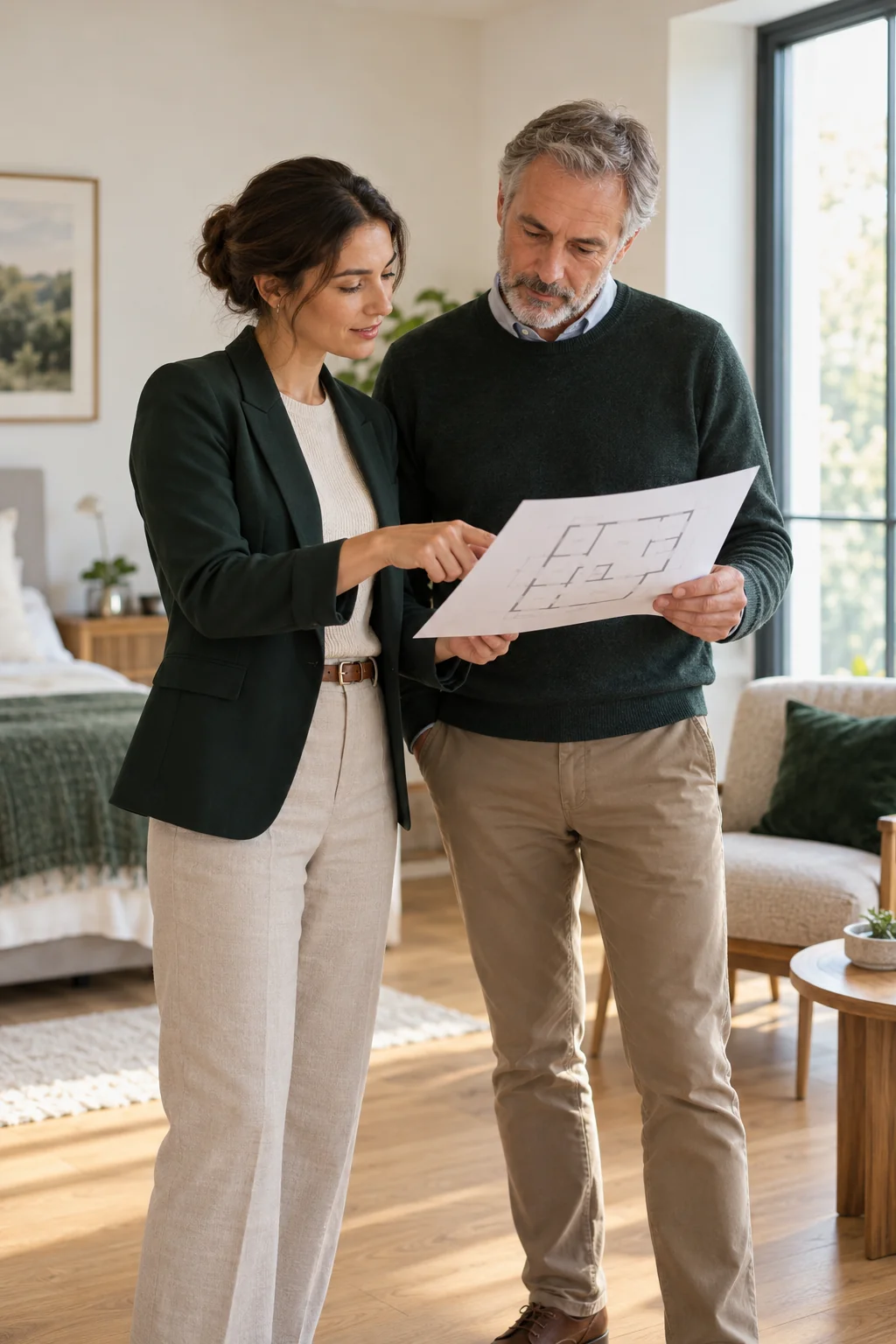 Community staff planning for the next resident in a bright apartment