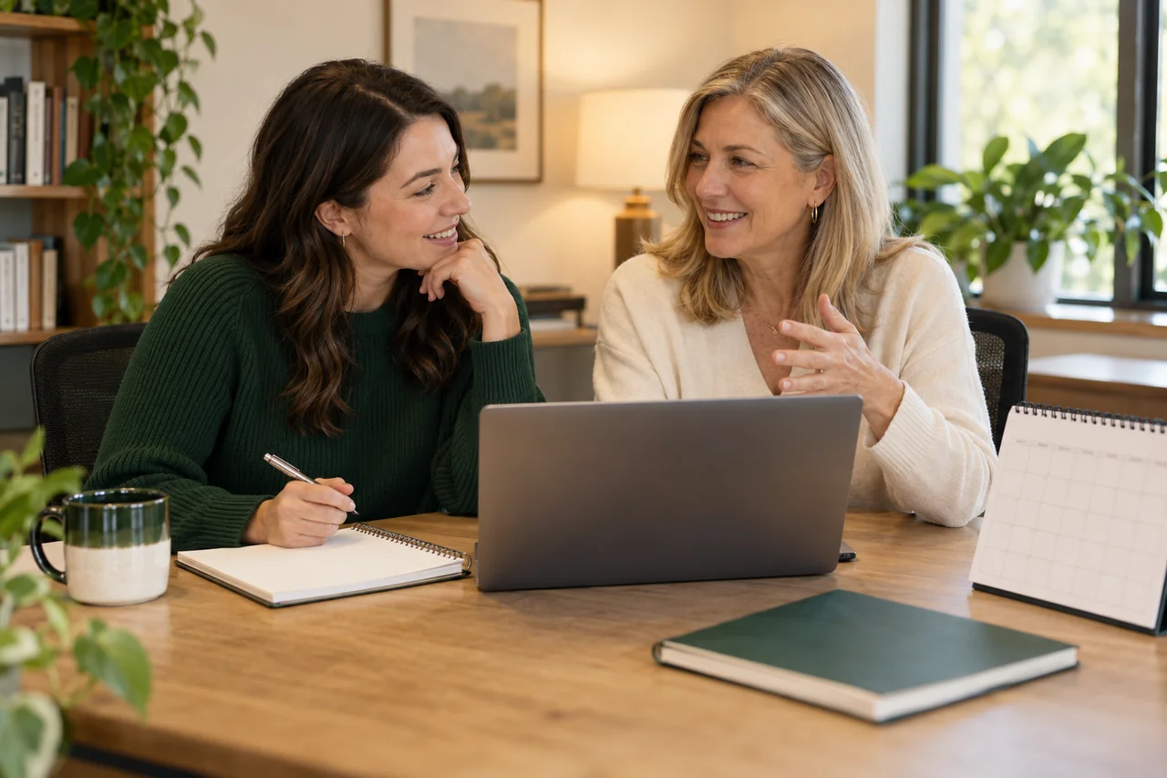 Admissions staff planning family calls and tour follow-up at a shared desk
