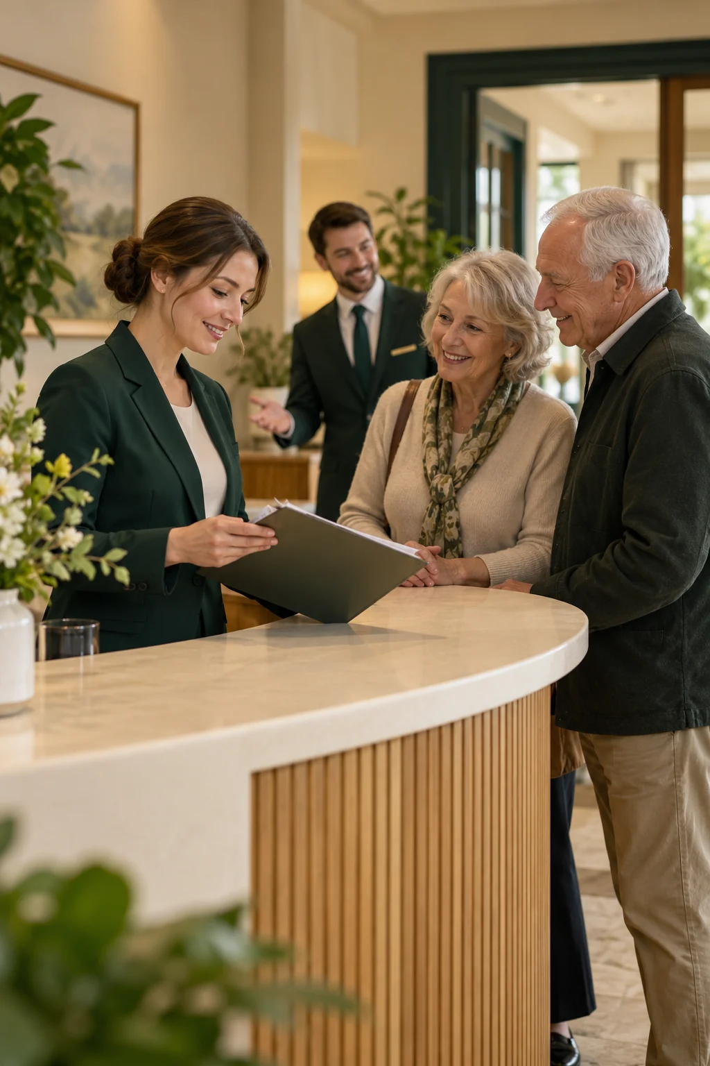 Community staff preparing notes before a family tour