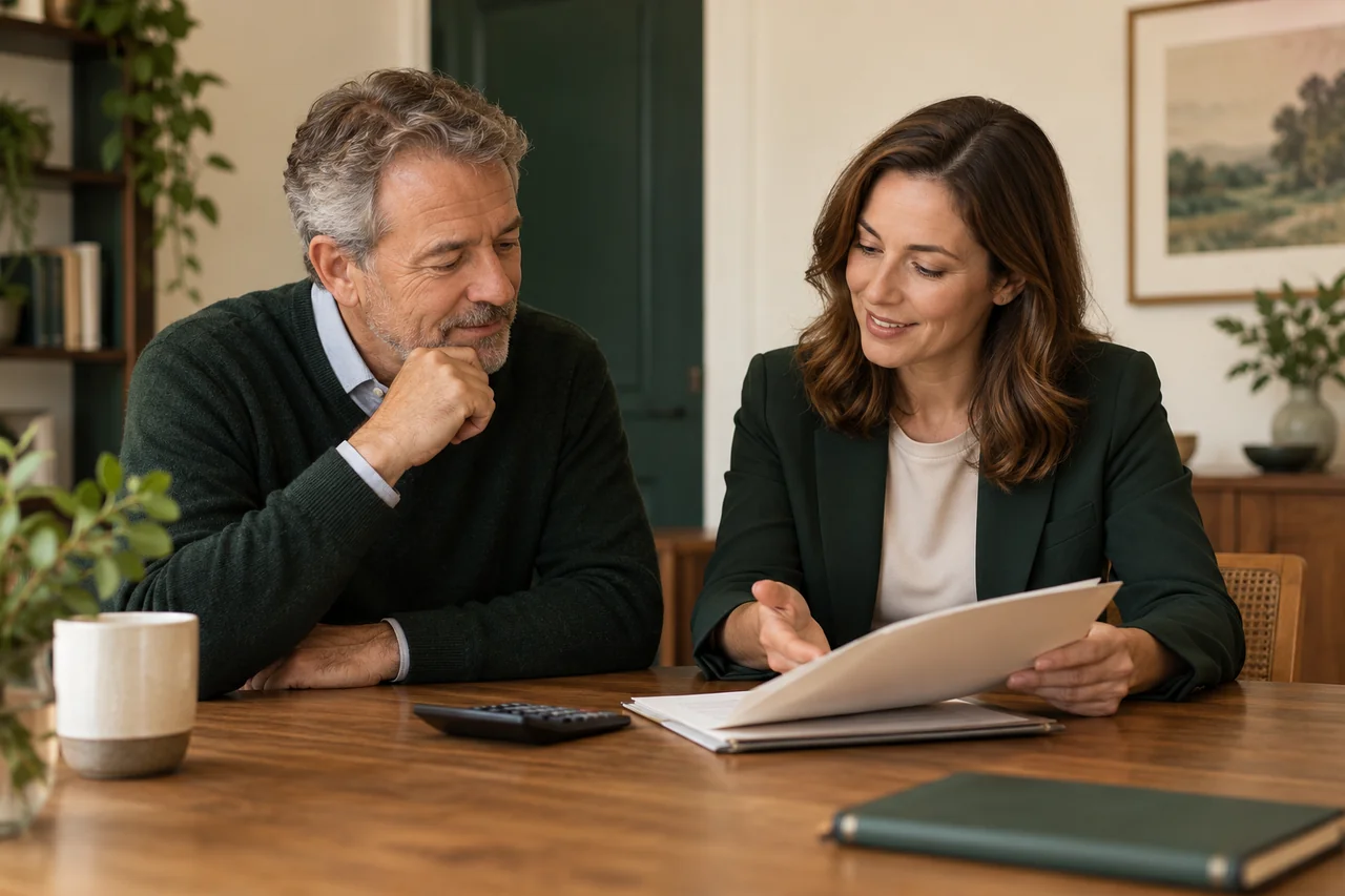 A community owner reviewing a proposal and calculator with an advisor