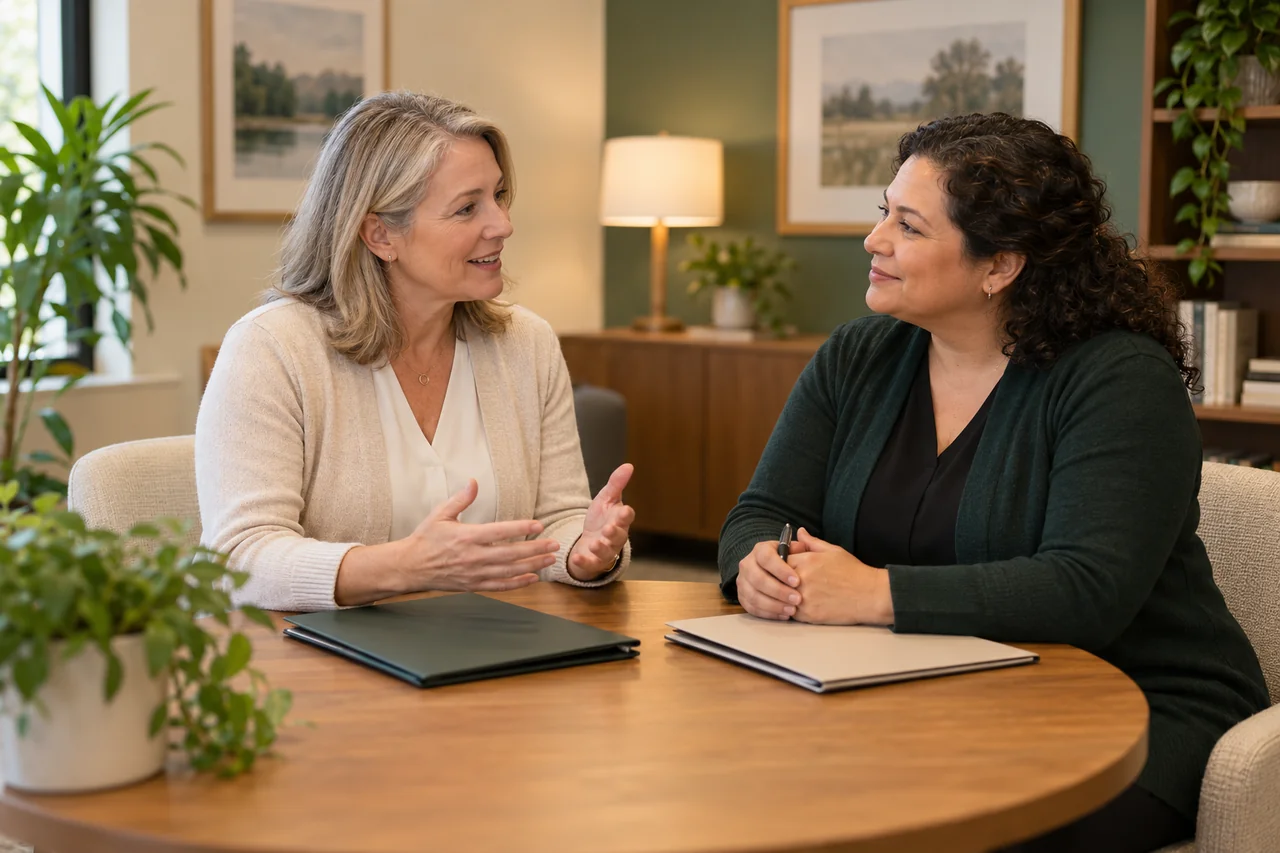 An admissions professional and care coordinator discussing a referral handoff