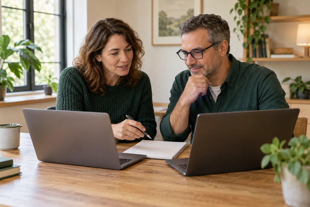 Community staff comparing two software demonstrations with a checklist