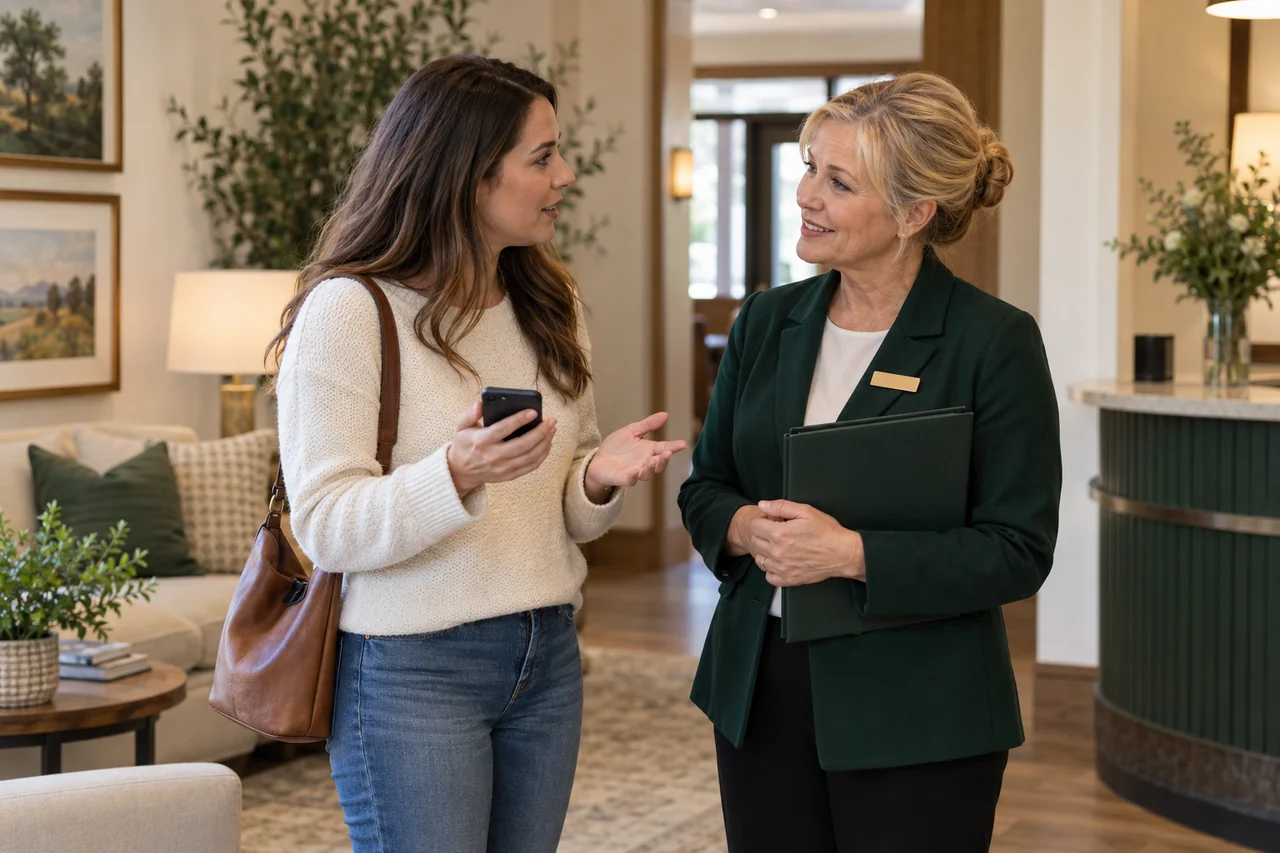 A community visitor asking a host a question while holding her phone