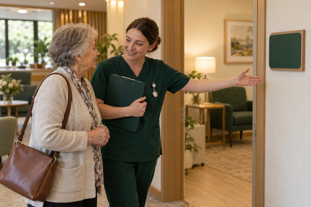 A nursing professional helping a family visitor find the right contact