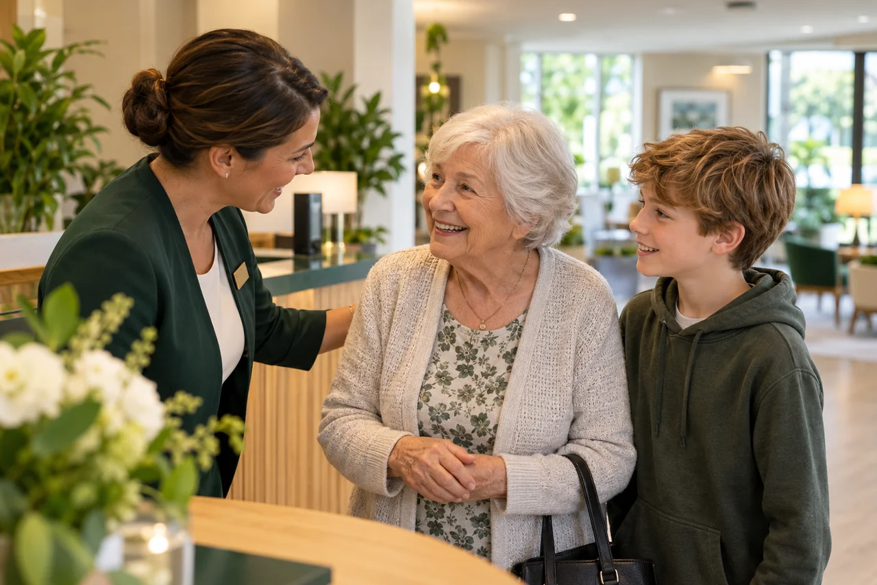 A resident and family visitor being greeted at the community reception desk