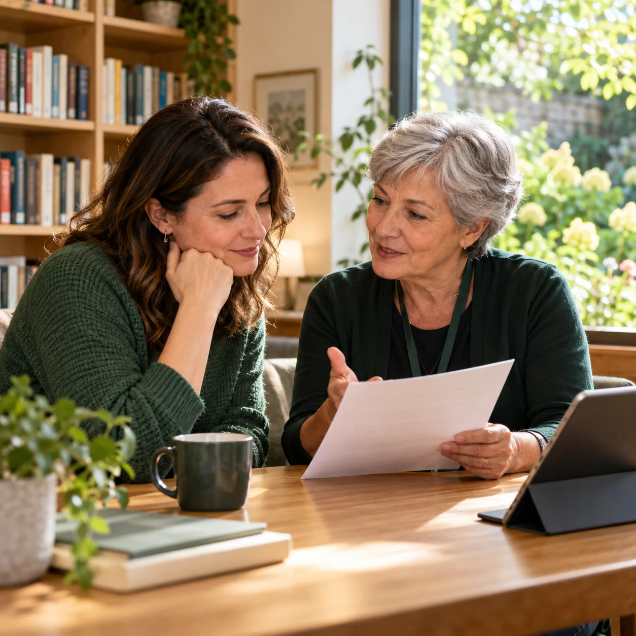A daughter and staff member reviewing care information together