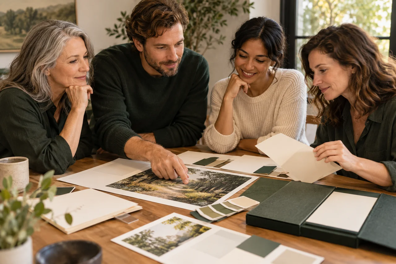 A marketing team reviewing brochure layouts and community photo choices