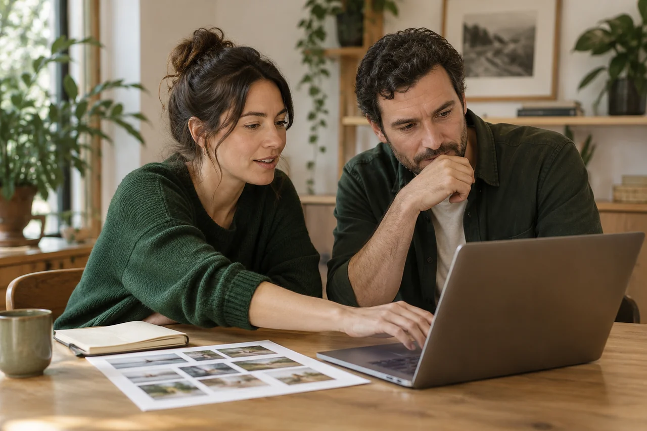 Two community staff members reviewing a marketing page and photo choices