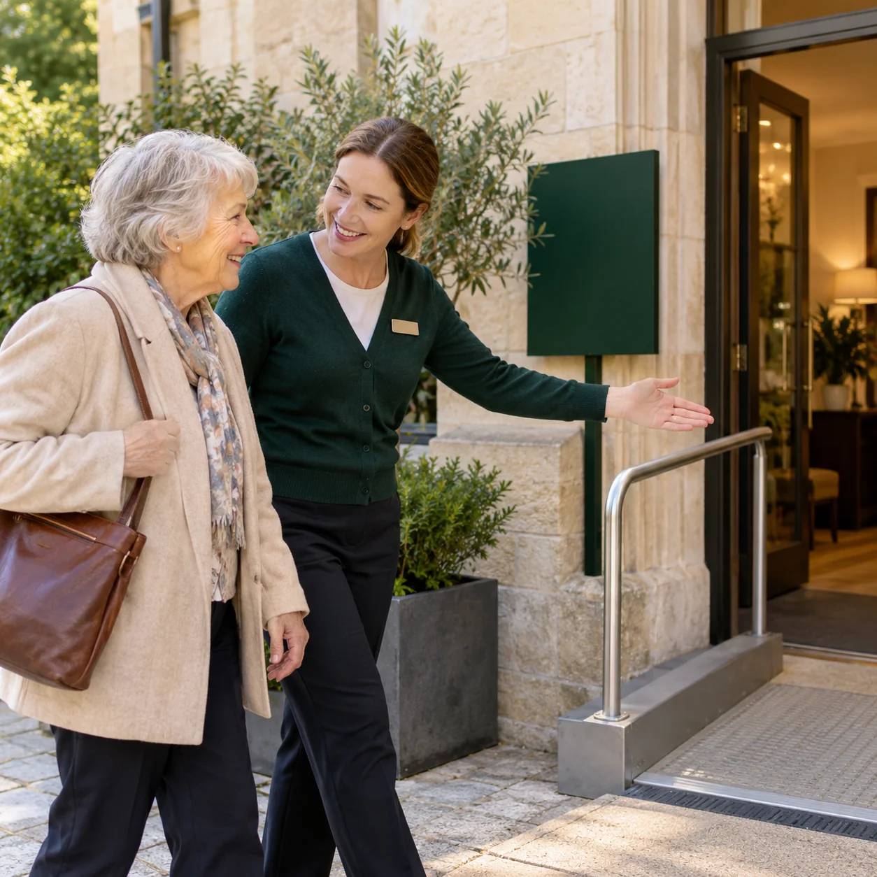 A staff member helping a visitor find the community entrance