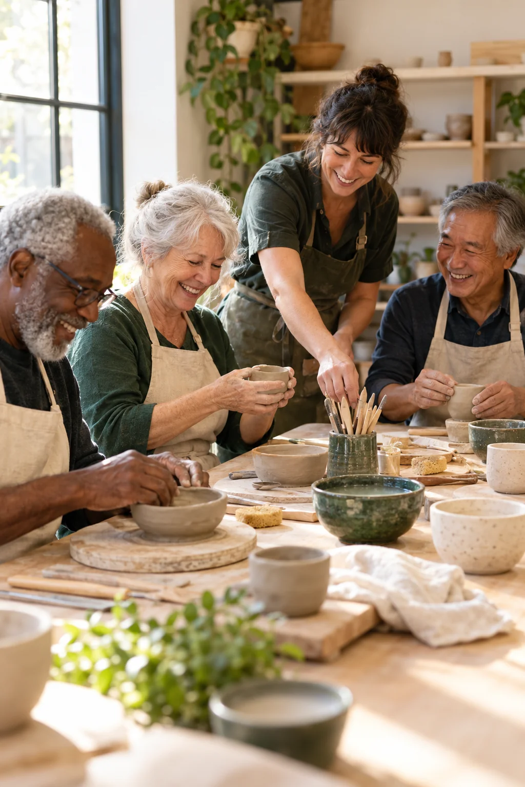 Residents enjoying a shared pottery class with a community host