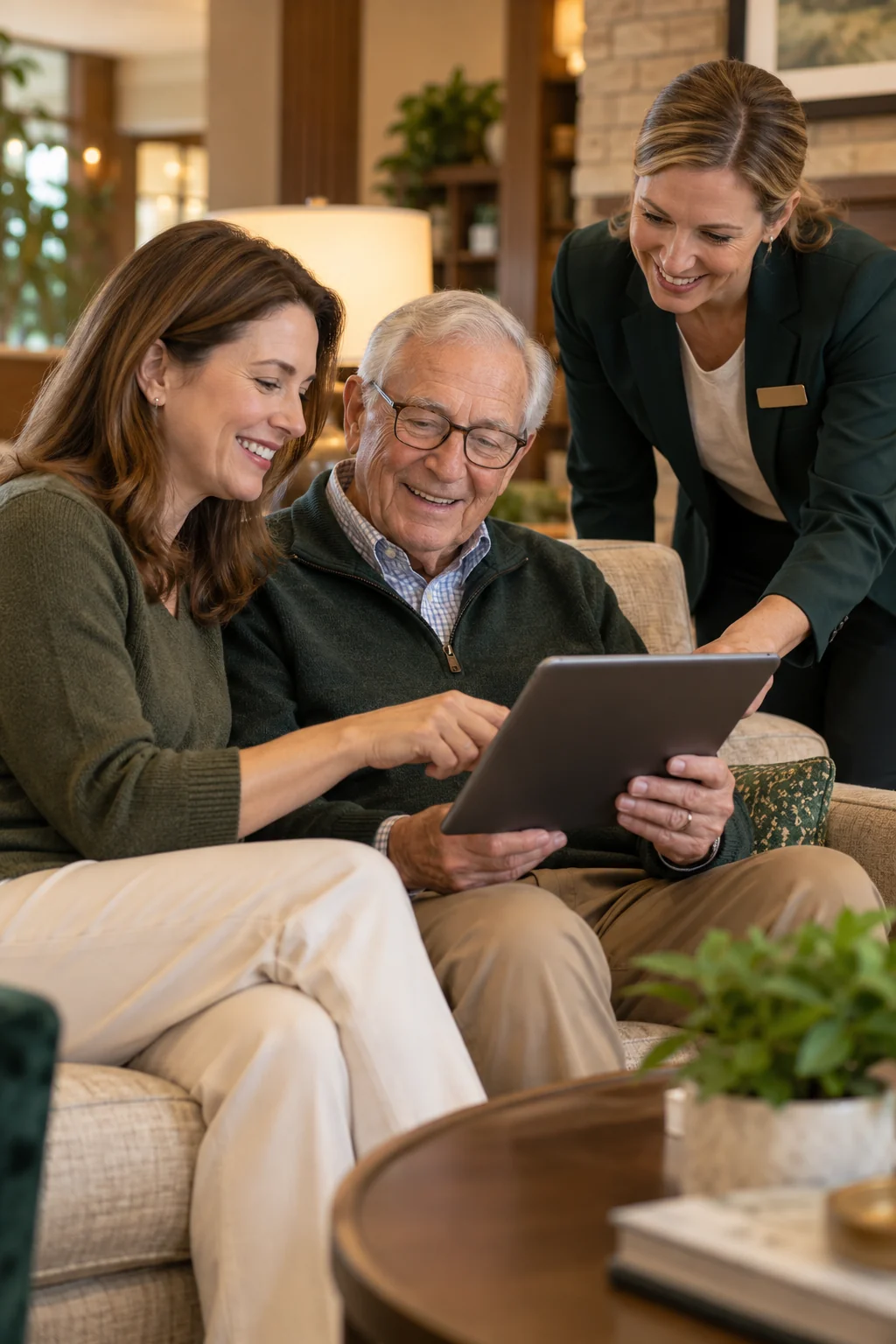 A father and daughter reviewing information on a tablet during a visit