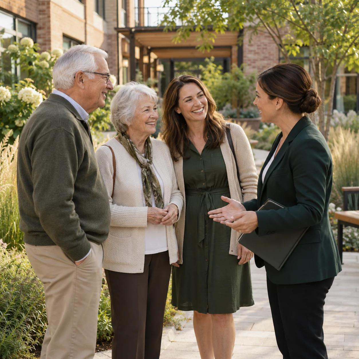An older couple and daughter meeting a host in a community courtyard