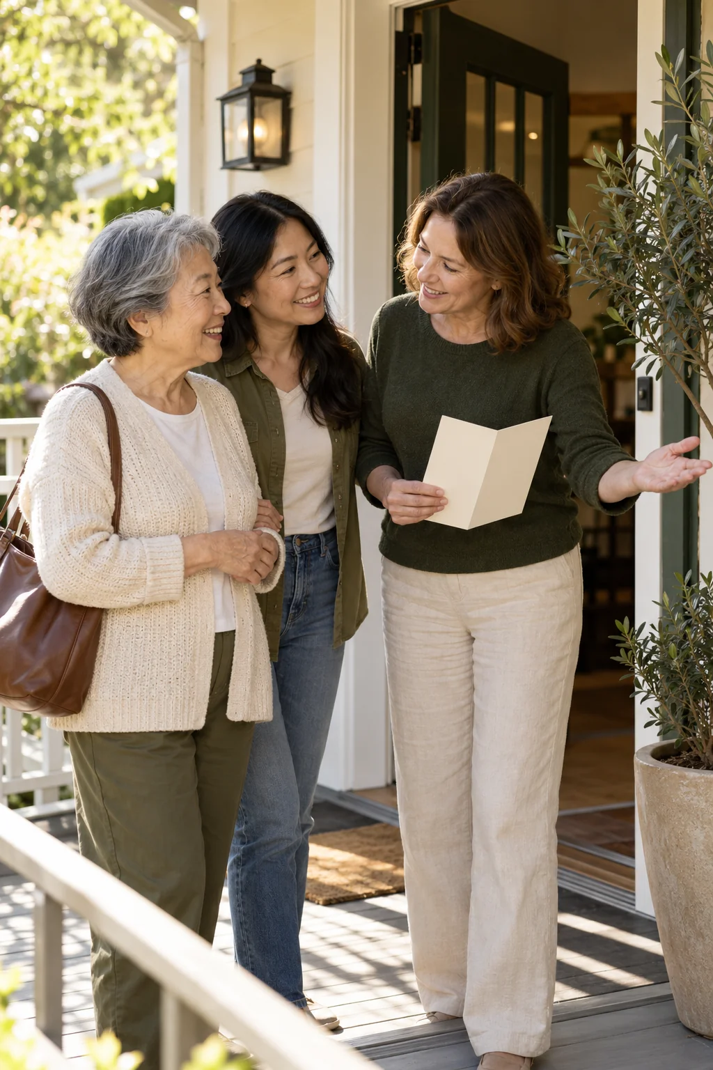 An older woman and her daughter being welcomed at an accessible community entrance