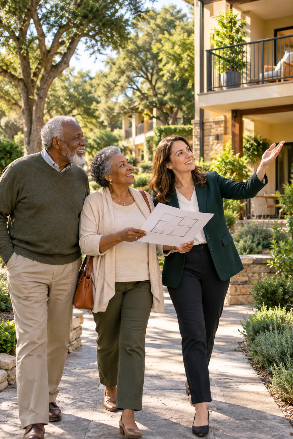 An older couple considering apartment choices during a campus walk