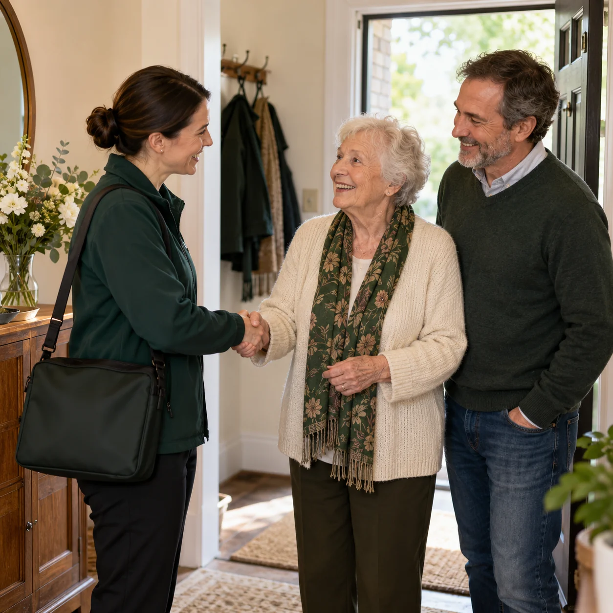 A caregiver meeting an older woman and her son at home