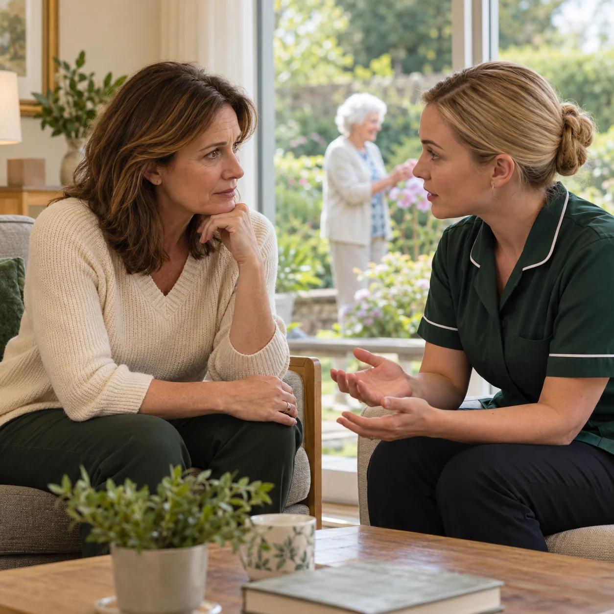 A daughter asking a care team member questions in a quiet lounge