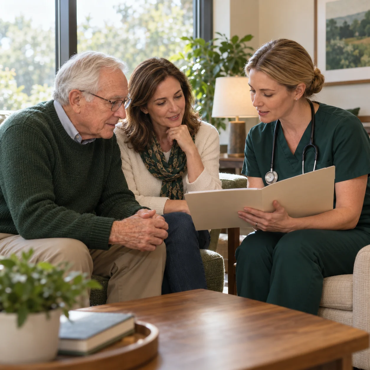 An older man and family member discussing questions with a nursing professional