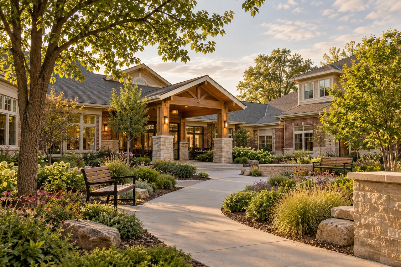 A landscaped senior living entrance families can find for a visit