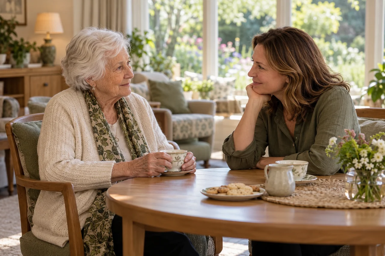 An older woman and her daughter talking over tea