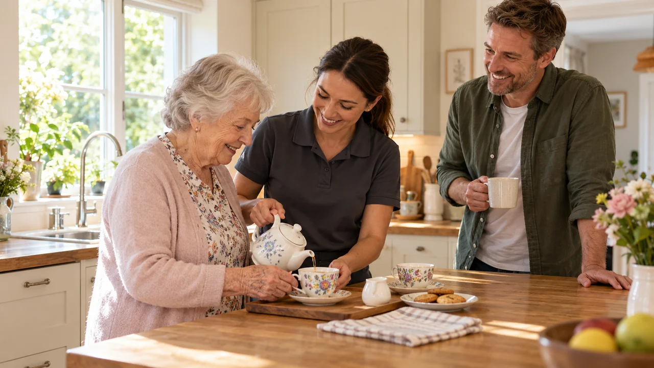 A caregiver and family member talking with an older woman at home